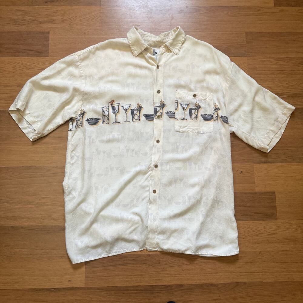 Men's Vintage City Streets Rayon White Cocktail Drinks Button Up Shirt Sz Large
